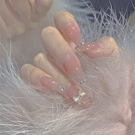 24 Pcs Gold Butterfly Nails French Long Fake Nails for Photo Taking Pictures Wedding Coming of Coming Of Age Party After-party False Nail Tips
