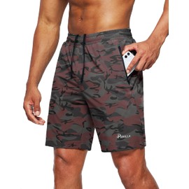 Pudolla Pantalones Cortos De Entrenamiento para Correr, Pantalones Cortos Deportivos Ligeros para Gimnasio con Bolsillos con Cremallera (Camuflaje Rojo Grande)