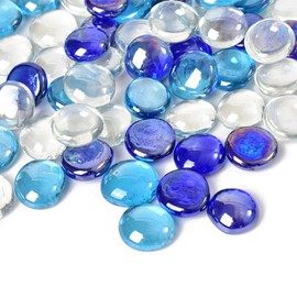 HOKPA Flat Glass Marbles 1lb, 100PCS Mixed Color Blue Glass Beads for Vases Flat Gems Aquarium Pebbles Decorative Vase Filler Table Scatter Decor