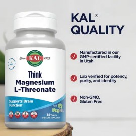 Suplemento Nutricional L-Treonato de Magnesio 2000mg 60 Tablets Sin Sabor Kal                                                                         