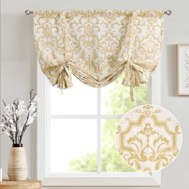 jinchan Linen Tie Up Valance for Kitchen Window Flax Floral Drapes Vintage Farmhouse Medallion Window Treatments Light Filtering Curtain for Living Room Cafe Rod Pocket 1 Panel 54 Inch Mustard Yellow