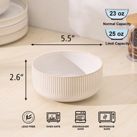 Frewinky Ceramic Cereal Bowls 25 OZ,Soup-Bowls Set of 6,Stoneware Bowls for French Onion,Ice Cream,Dessert,Snacks,Salad, Noodle - 5.5 Inch,Microwave, Dishwasher & Oven Safe,Lvory White