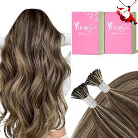 YoungSee I Tip Hair Extensions Brown Highlight 14 Inch Itip Human Hair Extensions Dark Brown with Caramel Blonde Highlights Itips Human Hair Extensions I Tip Extensions for Short Hair 80s/50g