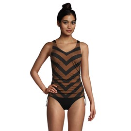 Lands' End Womens Chlorine Resistant Adjustable V-Neck Underwire Tankini Top Black/Allspice Chevron Regular 18