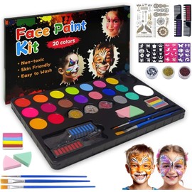 Pintacaritas, Set de 20 Colores con 100 Plantillas, Pinta Caritas para Niños, No Tóxico y Lavable con Brillo, Plantillas para Pintar Caritas Niños, para Fiestas Infantiles y Halloween