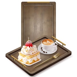 DIKOCO 16"X12" Bamboo Serving Tray with Gold Polished Metal Handles, Food Tray for Breakfast, Coffee Table Trays, Large Serving Tray for Living Room,Decorative Tray for Kitchen, Bedroom, Vanity Tray