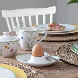 Villeroy & Boch Colourful Spring Eierbecher 4er Set, 15 x 11 cm, Eierteller mit Blümchen-Dekor, Dekoration für Ostern, Premium Porzellan, Weiß/Bunt