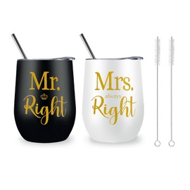 ELEGANTPARK Wedding Gifts for Couple Mr and Mrs Gifts Engagement Gifts for Bride and Groom Cups Newlyweds Valentines Anniversary His & Hers Gifts Stainless Steel Wine Tumbler with Lid and Straw 12 OZ