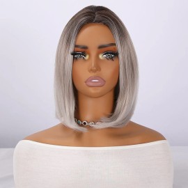 Smilco Women's Short Natural Bob Gray Blonde Synthetic Straight Hair Wig Full Bangs Heat-Resistant Transparent for Daily Role SM1639color: gradient gray color, Stretched Length: 14 in