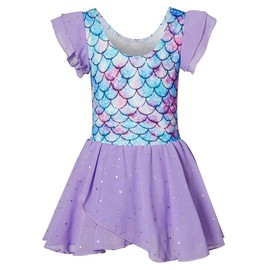 uideazone Toddler Dance Dresses Girls Mermaid Tutu Ballet Leotards Kids Purple Ruffle Sleeve Sequin Gym Outfit Size 3-4
