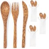 4 Bestecksets dreiteilig aus Kokosnuss im Baumwollbeutel mit Löffel, Messer,