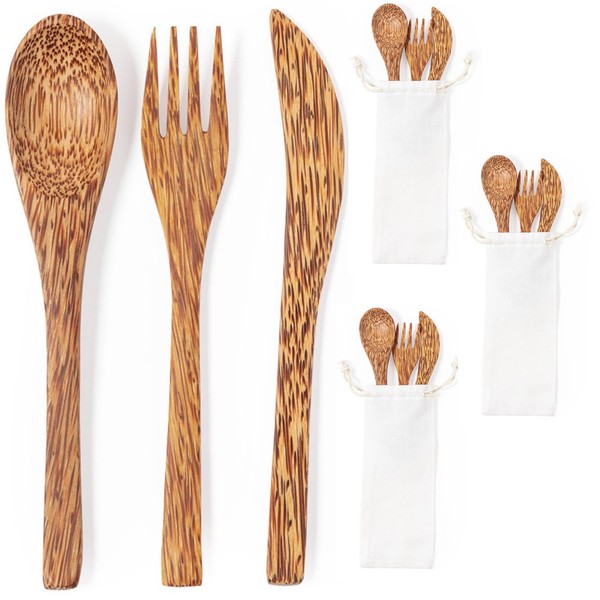 4 Bestecksets dreiteilig aus Kokosnuss im Baumwollbeutel mit Löffel, Messer,