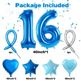 Blue Number 16 Balloons, Dark Blue Number 16 Balloons, 16 Number Balloon Set, Bule Foil Star Heart Long Balloon With For Boys man 16th 61th Birthday Party 1st 6th Kid Baby Shower Decor