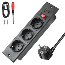 BlueXP 3 Fach Einbausteckdose Tischsteckdose Steckdosenleiste mit Schalter USB C PD 20W Tischplatte Steckdose Mehrfachsteckdose mit 1,5M Kabel Type-C Kable für Küche Büro Arbeitsplatte Möbel-Schwarz