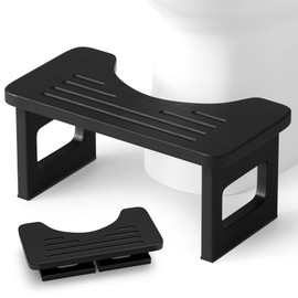 Bathway Squatting Potty Stool, Foldable Poop Stool, Bamboo Toilet Stool for Adult, Foot Step Stool Squat, Pooping Stools with Anti-Slip Strip for Bathroom, Black, 6.8''