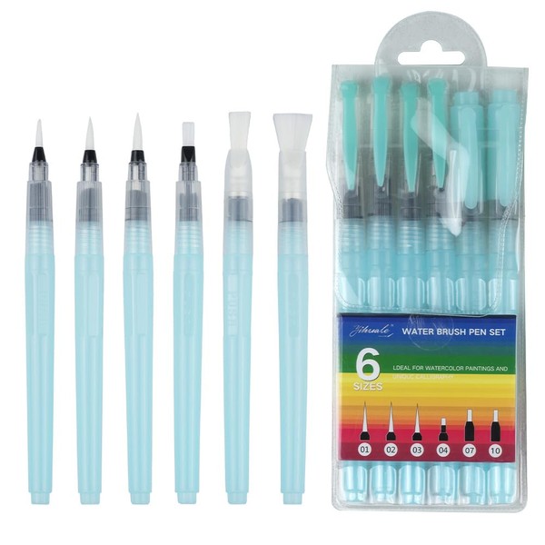 U/B Water Brush Pen, YIHUALE Water Brush, Set of 6, Easy to Clean Watercolor Set, Fountain Pen, Acrylic, Watercolor Pencil, Water Soluble Pen Painting Blue