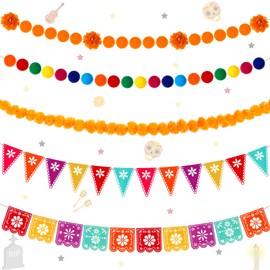 Preboun 5 Pcs Day of the Dead Party Decorations Marigold Flowers Garland Papel Picado Banner Fiesta Cinco De Mayo Banner Pom Pom Wool Felt Ball Garland for Mexican Party Dia De Los Muertos Decorations