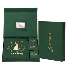 XKDOUS Velvet Baby Book Keepsake Baby Memory Book First 5 Years Baby Milestone Baby Scrapbook & Photo Albums New Baby Shower Gifts For First Time Mom, Girl Or Boy Gender Neutral Milestone Book Green