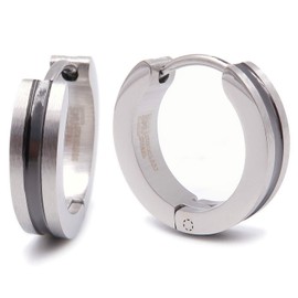 Steelmeup Stainless Steel Stripe Men Hoop Earrings 2-tone Gold Black Silver 16mm, Stainless Steel Silver