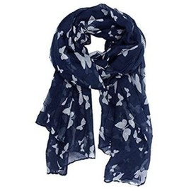 UK Seller!!! New Butterfly Print Ladies Celebrity Style Long Scarves Maxi Scarf, Stole, Wrap, Sarong, shawls. (Navy Blue/White)