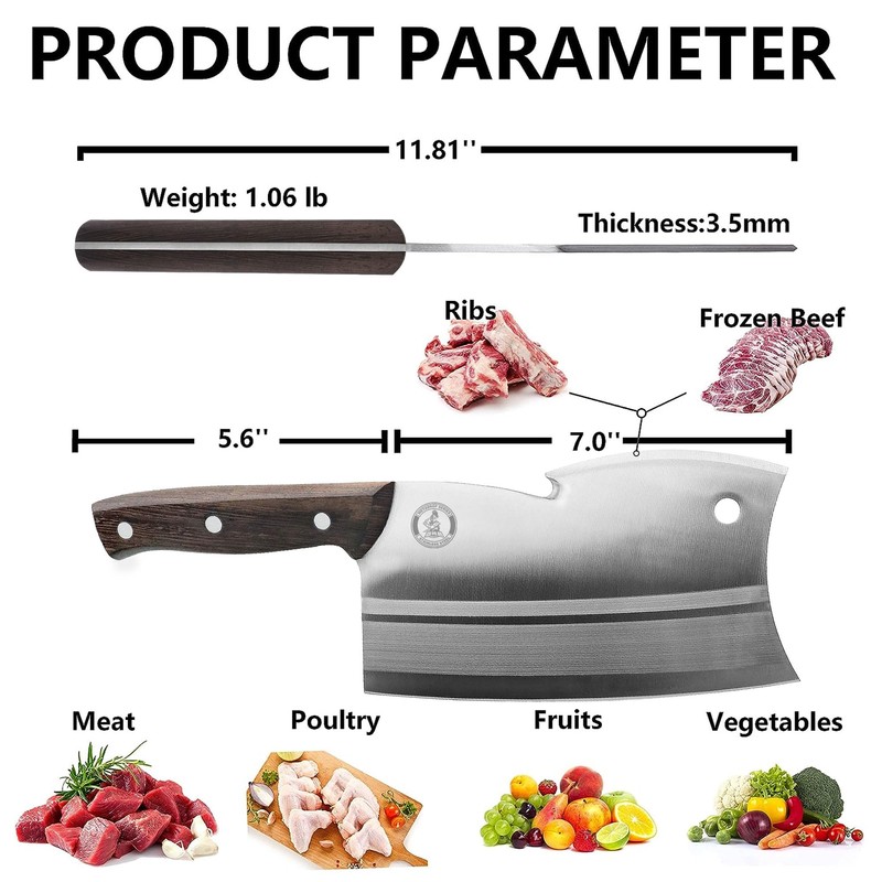 Kitory Meat Cleaver 7", Butcher Knife Bone Cutter Multi-Purpose Dual