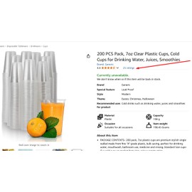 200 PCS, 7oz Clear Plastic Cups, Cold Cups for Drinking Water, Juices, Smoothies