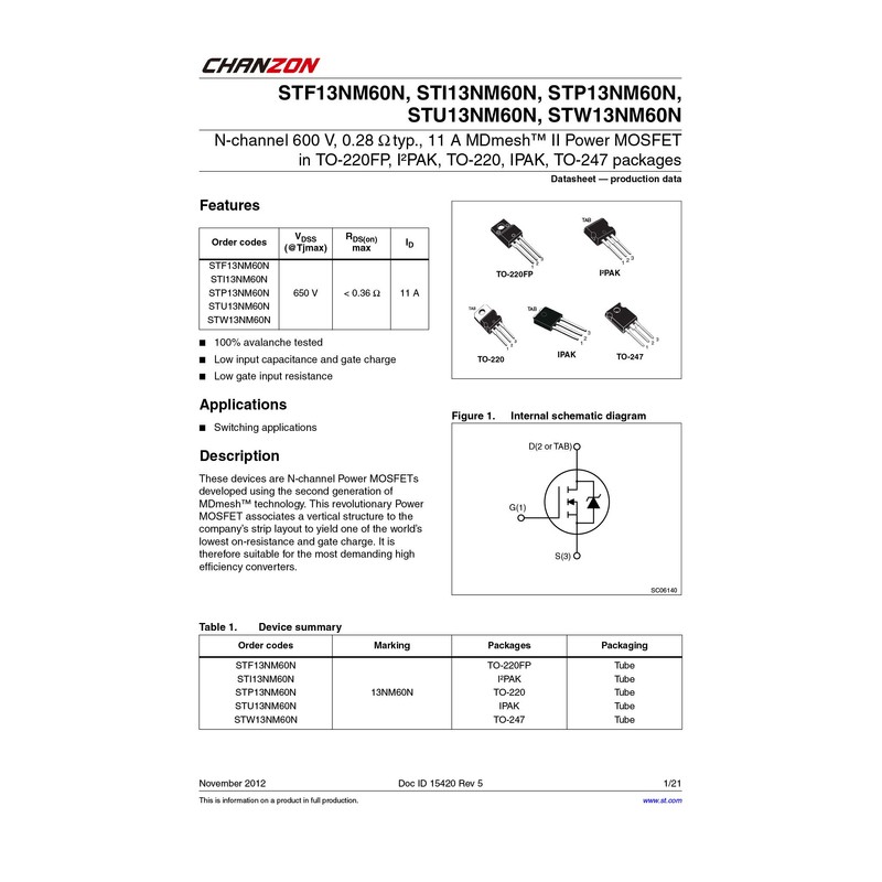 Chanzon STF13NM60N TO-220F Sic Mosfet Transistor Pack of 10