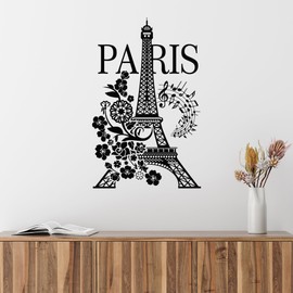 Vinyl Wall Decal Paris Eiffel Tower Romantic Musical Notes Flowers Stickers Mural Large Decor (g4977) Black
