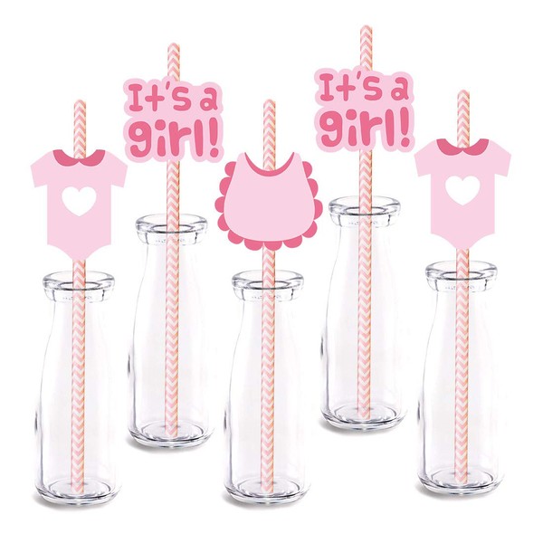 Pink It's a Girl Straw Decor, 24-Pack Girl Baby Shower Or Birthday Party Supply Decorations, Paper Decorative Straws
