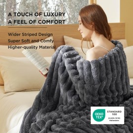 Bedsure King Size Blanket for Bed - Super GentleSoft Cozy Blankets for Women, Cute Large Fleece Throws for Girls, Grey，108x90 Inches, Wider Striped Design