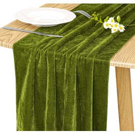 JALANCY Velvet Table Runner 20 x 120 Inches 10ft Luxurious Thick Soft Velvet Christmas Thanksgiving Wedding Reception Table Runner for Party Reception Decorations(Olive Green, 1 Pack)