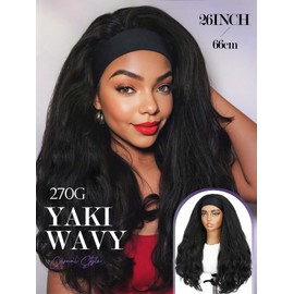 FANCEE Yaki Wavy Headband Wigs Black Kinky Straight Wear and Go Half Wig with Curly Wavy Ends for Women on the Go Synthetic Headband Blow Out Style Natural Hair Texture for Black Women