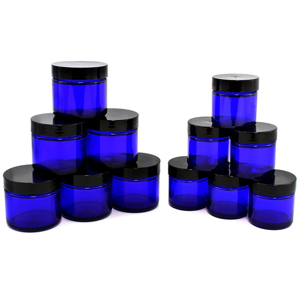 Combination 12 Pack of Cobalt Blue 1oz & 2oz Glass Straight Sided Jars, Lids Included; Empty Refillable Containers for Cosmetics, Creams, Lotions