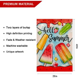 LHSION Hello Summer Ice-cream House Flag 28 x 40 Inch Watermelon Double Sided Burlap Flag For Farmhouse Yard Outdoor Seasonal Decoration