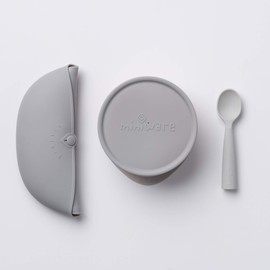 Miniware First Bites Deluxe Set: Cereal Bowl, Detachable Suction Foot, Training Spoon, Silicone Bib for Baby Toddler Kids | Promotes Self Feeding | BPA Free | Dishwasher Safe (Dove Grey)