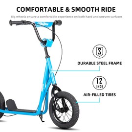 JOYSTAR Kick Scooter for Ages 5-9 Years Old Boys Girls, 12 Inch Big Wheels Scooters for Kids, Teens and Adults, Adjustable Handlebar, Kids Scooter, Blue