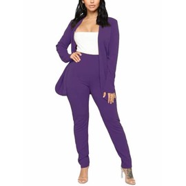 Aro Lora Women's 2 Piece Outfit Casual Solid Open Front Blazer and Pencil Pant Suits Set Small Dark Purple