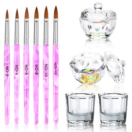 Juego de 6 brochas de uñas acrílicas y 4 platos de cristal Dappen para uñas acrílicas, cuenco de manicura y vaso de cristal para kit de herramientas de uñas líquidas
