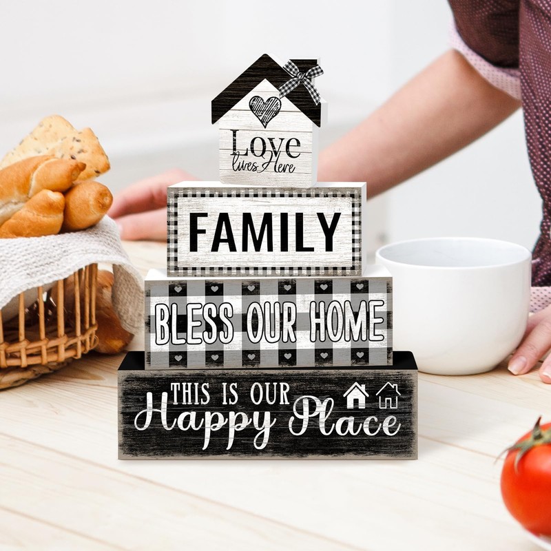 4 Pcs Farmhouse Family Wooden Tiered Tray Decor Set, Rustic