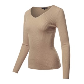 Long Sleeve V-Neck Fitted Rib Sweater TOP Khaki 2X