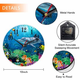 Mxocom Cute Dolphin Wall Clock Coral Colorful Tropical Fish Under The Sea 10 Inch Silent Non Ticking Battery Operated Clock Vintage Round Clock for Living Room Bedroom Bathroom Office Decor