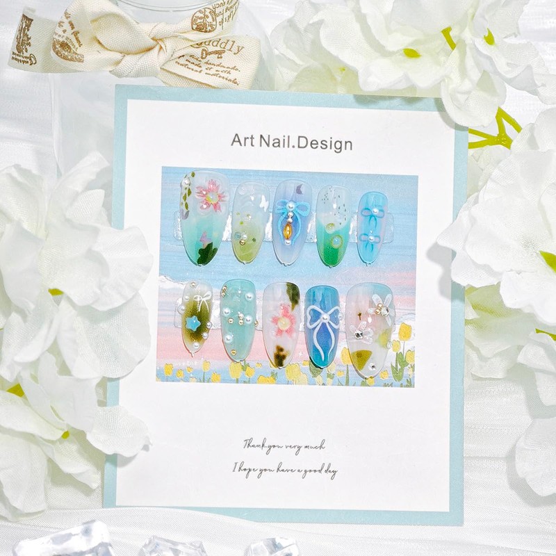 24Pcs Spring Press on Nails Medium Almond French Tip Fake
