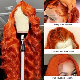 24 Inch 250% Density Ginger Lace Front Wigs Human Hair Orange 13x6 Lace Front Wigs Human Hair Pre Plucked,Body Wave Frontal Wigs Human Hair Hd Lace, Glueless Lace Front Wigs Colored With Baby Hair