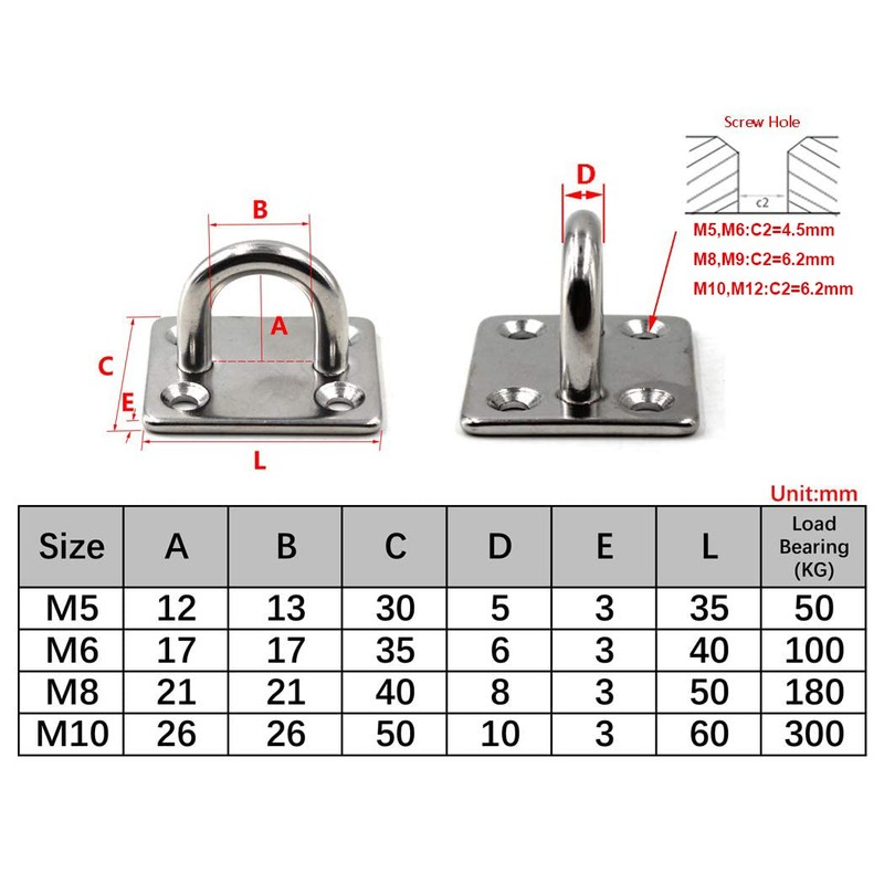 M8 Ceiling Hook Pad Eye Plate 304 Stainless Steel Wall