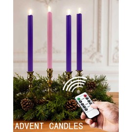 SUNGEGE Flameless Advent Candles Set of 4 – Traditional Purple & Pink LED Taper Candles with Remote Control & Timer, Battery Operated for Safe Christmas Countdown and Wreath Decor