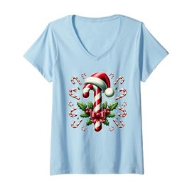 Womens Christmas Candy Cane Crew Lights Red and White Candy Costume V-Neck T-Shirt