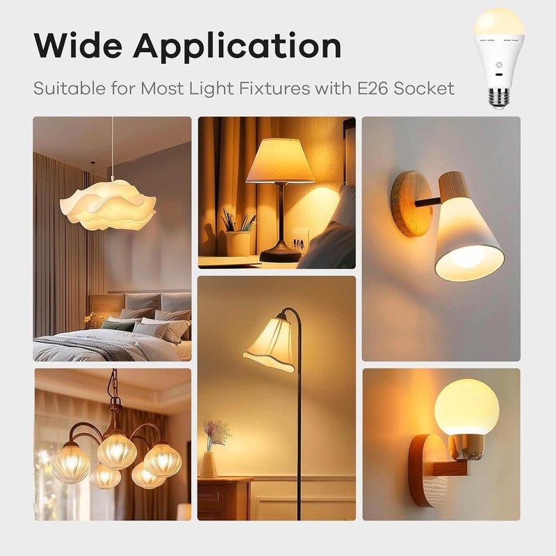 E26 Rechargeable Light Bulbs with Remote Control, 2600mAh Battery Operated