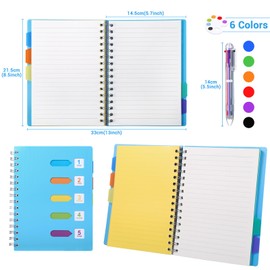 Kesote Lined Notebook with Multicolor Pen, 240 Pages A5 Journal with 5 Colored Tab& 6-in-1 Retractable Ballpoint Color Pen