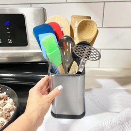 Evelots Stainless Steel Kitchen Utensil Holder for Countertop, 6.75 Inch Tall Cooking Utensil Crock Can Store up to 15 Big Utensils, Large Spoon & Spatula Organizer Caddy, Silver