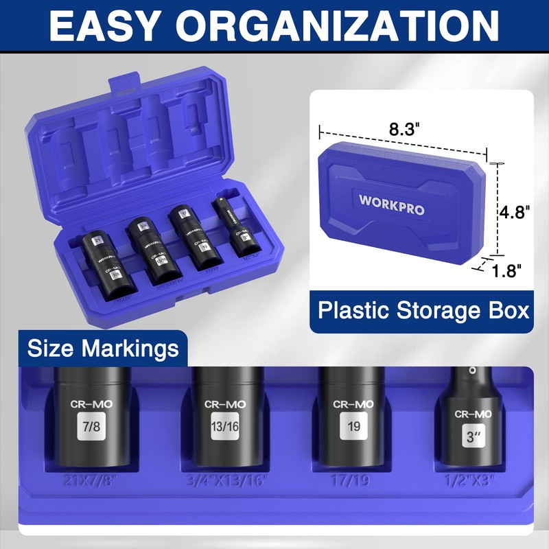 WORKPRO 4PCS Impact Socket Set 1/2" Drive, Lug Nut Socket